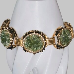Vintage Jade Bracelet Gold Tone Asian Revival Statement Jewelry